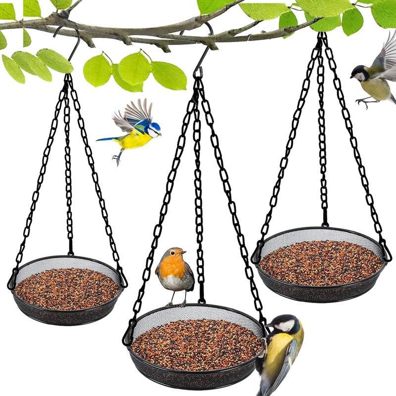 FLINTER Hanging Bird Feeder, Birdfeeder Hanging for Garden Yard Outside, Hanging Birdfeeder Tray - Metal Mesh Platform Feeders for Birds Outside Outdoors Hanging for Attracting Birds - 3 Pack - Image 1